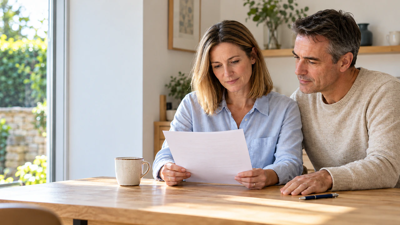 Illustration of a couple reviewing a planning objection letter at a kitchen table.